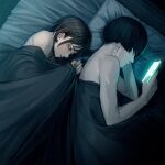  1boy 1girl bangs bare_shoulders bed black_hair blanket blue_eyes cellphone commentary_request daikon_(tomohiro158) from_above highres holding holding_phone looking_at_phone looking_down lying nail_polish nude on_side original phone pillow short_hair smartphone 