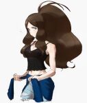  1girl antenna_hair bare_arms blue_eyes breasts brown_hair cleavage closed_mouth clothes_around_waist commentary denim english_commentary eyelashes hazel0217 high_ponytail highres hilda_(pokemon) holding jeans long_hair looking_at_viewer navel older pants pokemon pokemon_(game) pokemon_bw shirt sidelocks signature sketch solo torn_clothes torn_jeans torn_pants 