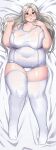  1girl absurdres arm_up bangs blush breasts covered_navel eyebrows_visible_through_hair full_body glasses grey_hair highres large_breasts last_origin long_hair looking_at_viewer lying navel one-piece_swimsuit open_mouth playing_with_own_hair plump prototype_labiata red_eyes shiny shiny_hair shiny_skin skindentation solo swimsuit tajyador tareme thick_thighs thighhighs thighs white_swimsuit 