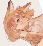  1girl animal_ears bangs bare_shoulders blonde_hair blush bow bowtie close-up commentary_request elbow_gloves extra_ears eyebrows_visible_through_hair finger_to_mouth gloves hair_between_eyes hanako151 kemono_friends looking_at_viewer pinky_to_mouth portrait serval_(kemono_friends) serval_ears serval_print shirt short_hair signature sleeveless sleeveless_shirt solo 