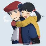  1boy 1girl bangs black_hair brother_and_sister closed_eyes commentary english_commentary grey_eyes hair_ribbon hat hazel0217 highres hug hug_from_behind jacket long_sleeves looking_at_viewer lucas_(pokemon) mittens open_clothes open_jacket open_mouth pink_mittens pokemon pokemon_(game) pokemon_dppt pokemon_platinum red_headwear ribbon scarf siblings sketch smile teeth tongue twintails |d 