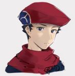  1boy black_hair closed_mouth commentary english_commentary grey_eyes grey_shirt hat hazel0217 highres looking_at_viewer lucas_(pokemon) male_focus older pokemon pokemon_(game) pokemon_dppt portrait red_headwear red_scarf scarf shirt short_hair signature sketch solo spiked_hair 