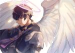  1boy angel angel_wings arm_belt bangs black_jacket brown_hair character_request closed_mouth cravat feathered_wings gloves hair_between_eyes halo hanako151 jacket male_focus merc_storia purple_neckwear short_hair smile solo striped striped_neckwear upper_body white_background white_wings wings 