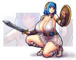  bangs belt blue_hair blunt_bangs boots breasts cosplay erkaz eyebrows_visible_through_hair fingerless_gloves gauntlets gloves half_gloves highres huge_breasts midriff multiple_views partially_fingerless_gloves red_eyes rina_atherina shield simple_background skirt sophitia_alexandra sophitia_alexandra_(cosplay) soulcalibur soulcalibur_iv squatting sword weapon white_background 