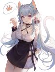  1girl :d animal_ear_fluff animal_ears arm_support bangs black_choker black_skirt blush braid breasts cat_ears cat_girl cat_tail choker claw_pose cleavage collarbone commentary_request extra_ears eyebrows_behind_hair grey_hair hand_up long_sleeves looking_at_viewer machi_(7769) medium_breasts open_mouth original purple_eyes shirt skirt smile solo speech_bubble tail white_shirt 