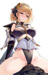 1boy 1girl aki663 armor bangs belt belt_buckle blonde_hair blue_hairband blush braid breasts buckle bulge cameltoe covered_navel covered_nipples crown_braid djeeta_(granblue_fantasy) erection erection_under_clothes eyebrows_visible_through_hair girl_on_top granblue_fantasy grinding hairband hetero highleg highres large_breasts looking_down parted_lips partially_visible_vulva red_eyes revealing_clothes short_hair shoulder_armor simple_background solo_focus spread_legs thighs white_background 