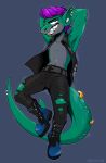  absurd_res anthro boots bottomwear clothing ear_piercing facial_piercing fish footwear haifisch hair hi_res lamniform lip_piercing male marine pants piercing pinup pose purple_hair shark solo thresher_shark torn_bottomwear torn_clothing torn_pants zazush-una 