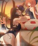  3girls absurdres animal_ears black_legwear blurry blurry_background blush breasts gold_ship hair_over_one_eye heavy_breathing highres horse_ears horse_tail huge_filesize innertube large_breasts long_hair multiple_girls oh_(aung_ae) onsen pool rice_shower_(umamusume) scenery swimsuit swimwear tail thighhighs umamusume 