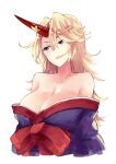  1girl bangs bare_shoulders blonde_hair bow breasts cleavage deetamu eyebrows_behind_hair hair_between_eyes highres horns hoshiguma_yuugi large_breasts long_hair looking_away off_shoulder oni_horns open_mouth red_bow red_horns simple_background single_horn smile solo star_(symbol) teeth touhou upper_body white_background yellow_eyes 