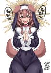  &lt;3 absurd_res animal_humanoid braided_hair brown_body brown_eyes brown_fur brown_hair canid canid_humanoid canine canine_humanoid clothing collar dog_humanoid female fur glistening glistening_hair hair hat headgear headwear hi_res hololive humanoid korone_inugami looking_at_viewer mammal mammal_humanoid navel navel_outline nun open_mouth open_smile portrait praying simple_background smile solo tailwag three-quarter_portrait virusotaku 