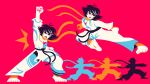  1girl absurdres arm_up barefoot black_hair brown_eyes choker dougi fighting_stance highres karate_gi kicking makoto_(street_fighter) open_mouth red_background residentbevo ribbon_choker scarf simple_background street_fighter street_fighter_iii_(series) 