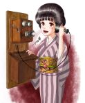  1girl bangs black_hair blunt_bangs blush brown_eyes chutohampa cowboy_shot japanese_clothes kimono nihongami obi original phone sash signature solo striped striped_kimono 