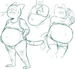 anthro belly bodily_fluids bottomwear clothing domestic_cat eyes_closed felid feline felis humanoid_hands mammal navel obese overweight shirt shorts simple_background solo sugarcave sweat topwear white_background 