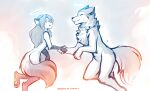  2021 anthro blep brutus_(twokinds) canid canine canis casual_nudity chest_tuft cloud conditional_dnp digitigrade dipstick_tail duo eyes_closed female floating fox gesture gloves_(marking) halo handshake hi_res keidran laura_(twokinds) leg_markings male mammal markings monochrome multicolored_tail nude pawpads simple_background sketch smile socks_(marking) spirit tom_fischbach tongue tongue_out tuft twokinds webcomic wolf 