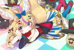  1girl ahoge animal_ears bangs blonde_hair blush bow braid breasts eyebrows_visible_through_hair facial_hair fennec_fox fox_ears fox_girl gloves gold_trim hair_between_eyes hair_ornament hat heart heart-shaped_pupils hololive itaboon long_hair looking_at_viewer lying multicolored_hair mustache omaru_polka on_stomach pink_hair playing_card_theme purple_eyes sideboob single_glove skirt smile solo striped striped_skirt symbol-shaped_pupils tail top_hat virtual_youtuber 