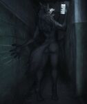  anthro black_body black_fur black_hair bone butt canid canine female fur hair hi_res malo mammal monster open_mouth phone rear_view scp-1471 scp-1471-a scp_foundation skull skull_head solo tussamag undead 