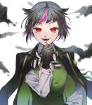  1boy bangs bat black_gloves black_hair blurry collared_shirt depth_of_field eyelashes fangs finger_to_own_chin gloves hat highres lilia_vanrouge long_sleeves looking_at_viewer male_focus multicolored_hair night_raven_college_uniform open_mouth pink_hair pointy_ears red_eyes shirt short_hair simple_background smile streaked_hair toukyuu twisted_wonderland waistcoat 