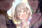  3girls ^_^ ^o^ blurry blurry_background blurry_foreground blush closed_eyes depth_of_field eyebrows_visible_through_hair gift glint grey_hair highres holding holding_gift idolmaster idolmaster_shiny_colors izumi_mei lens_flare mayuzumi_fuyuko meno_(imas_ll) multiple_girls office serizawa_asahi shiny shiny_hair short_hair smile solo_focus straylight_(idolmaster) 