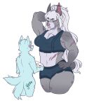  &lt;3 anthro bayleyheart breasts canid canine envelope female grey_body hair hi_res larger_female mammal pose scar simple_background size_difference white_background white_hair 
