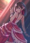  1girl azki_(hololive) backless_dress backless_outfit bangs black_hair breasts dress hair_ornament highres hololive idol kugatsu_tooka long_hair looking_at_viewer multicolored_hair open_mouth pink_hair short_hair smile v virtual_youtuber 