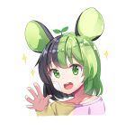  1girl :d animal_ears black_hair blush collarbone copyright_request cropped_torso green_eyes green_hair hand_up long_sleeves looking_at_viewer mouse_ears multicolored_hair newey open_mouth purple_shirt round_teeth sapling shirt simple_background sleeves_past_wrists smile solo sparkle teeth two-tone_hair two-tone_shirt upper_body upper_teeth white_background yellow_shirt 
