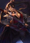  1girl blue_eyes brown_hair character_request highres holding holding_sword holding_weapon long_hair mashuu_(neko_no_oyashiro) samurai sword weapon 