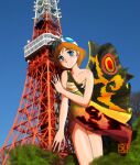  1girl aqua_eyes blue_sky blush brown_hair chutohampa cowboy_shot godzilla_(series) hat humanization mothra parted_lips short_hair single_bare_shoulder sky solo tokyo_tower tree 