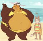  &lt;3 beach belly black_body black_fur blush bodily_fluids clothing domestic_cat duo felid feline felis fur hat headgear headwear hi_res mammal obese outside overweight seaside sugarcave sweat ursid water 