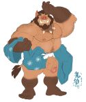  2018 5_fingers 5_toes absurd_res anthro arm_hair asian_clothing balls beard big_muscles big_penis bodily_fluids body_hair broody brown_body brown_fur brown_hair brown_penis champagnecub chest_hair clothing east_asian_clothing eyebrows eyes_closed facial_hair feet fingers fur genital_fluids genitals glans hair happy_trail hi_res humanoid_feet humanoid_genitalia humanoid_hands humanoid_penis japanese_clothing jewelry leg_hair male musclegut muscular muscular_anthro muscular_male necklace nipples penis pink_glans pink_nipples pink_nose plantigrade precum simple_background solo standing sweat thick_eyebrows toes tusks undressing vein veiny_penis white_background yukata 