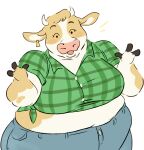  belly biped blush bottomwear bovid bovine cattle clothing female fur mammal multicolored_body multicolored_fur obese overweight pants shirt simple_background solo sugarcave topwear two_tone_body two_tone_fur 