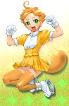  1970s_(style) 1girl 21_emon blonde_hair breasts dress gloves green_eyes looking_at_viewer mongaa_(21_emon) open_mouth panties retro_artstyle short_hair skirt smile solo tail thighhighs ueyama_michirou underwear 