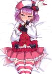  1girl bangs blush breasts fate/grand_order fate_(series) gloves helena_blavatsky_(fate) looking_at_viewer purple_eyes purple_hair senbon_tsuki small_breasts smile thighhighs thighs white_sleeves 
