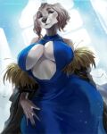  anthro big_breasts blue_clothing blue_dress breasts canid canine canis cleavage clothed clothing domestic_dog dress female grey_body hi_res hunting_dog juliathedragoncat mammal mature_female saluki sighthound solo thick_thighs wide_hips 