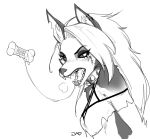  2021 anthro blush bodily_fluids breasts canid canid_demon cleavage clothed clothing collar demon ear_piercing ear_ring fangs female gag greyscale hair hellhound helluva_boss jadony long_hair loona_(vivzmind) mammal monochrome piercing saliva saliva_string sharp_teeth simple_background solo spiked_collar spikes teeth 