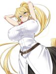  1girl animal_ears arms_up belt belt_buckle blonde_hair blue_eyes breasts buckle centaur centorea_shianus chikuishi closed_mouth commentary_request covered_nipples hair_between_eyes horse_ears huge_breasts light_blush long_hair looking_at_viewer monster_girl monster_musume_no_iru_nichijou ponytail red_neckwear shirt simple_background sleeveless sleeveless_shirt solo taur white_background 