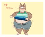  anthro belly blush bodily_fluids bottomwear clothing felid feline mammal obese overweight shirt shorts simple_background solo sugarcave sweat text topwear 