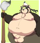  2021 anthro balls brown_body brown_fur canid canine flaccid fur genitals hi_res humanoid_genitalia humanoid_hands humanoid_penis kemono kusosensei live-a-hero male mammal moobs nipples obese obese_male overweight overweight_male penis raccoon_dog shoen simple_background solo tanuki video_games 