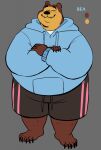  anthro bottomwear brown_body brown_fur clothing fur hi_res hoodie mammal obese overweight shorts simple_background solo sugarcave topwear ursid 