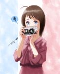  1girl ahoge bangs blue_eyes brown_hair camera chutohampa covered_mouth french_flag long_sleeves medium_hair original pink_shirt shirt signature solo upper_body 