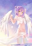  1girl :o angel_wings arm_up arms_behind_head bangs bare_shoulders bikini blunt_bangs blush bubble choker demon_girl ear_piercing frilled_shirt frills front-tie_top green_eyes hair_ornament hair_ribbon halterneck haruki_3679 highres hololive in_water looking_at_viewer medium_hair navel o-ring o-ring_choker off-shoulder_shirt off_shoulder open_mouth outdoors piercing pointy_ears purple_hair ribbon sarong see-through shirt side_bun sidelocks skindentation sky solo string_bikini sunset swimsuit thighhighs tokoyami_towa twilight underwear virtual_youtuber water wet white_bikini white_choker white_legwear white_ribbon white_sarong wings x_hair_ornament 