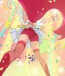  1girl ass bike_shorts cure_flamingo fingerless_gloves fishnet_legwear fishnets from_behind from_below gloves haruyama_kazunori long_hair magical_girl outstretched_arms precure red_hair skirt solo standing takizawa_asuka thighhighs tropical-rouge!_precure white_gloves 