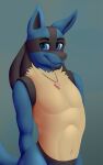  anthro black_body black_fur black_hair blue_body blue_eyes blue_fur bust_portrait front_view fur hair hi_res howling-strawberries jewelry looking_at_viewer lucario male necklace nintendo nude pok&eacute;mon pok&eacute;mon_(species) portrait simple_background smile snout solo tan_body tan_fur video_games 