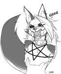  2021 anthro blush bodily_fluids canid canid_demon collar demon ear_piercing ear_ring eye_through_hair fangs female gag gagged greyscale hair hellhound helluva_boss hi_res jadony long_hair loona_(vivzmind) mammal monochrome pentagram piercing saliva saliva_string sharp_teeth solo spiked_collar spikes teeth translucent translucent_hair 