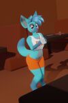  3d_(artwork) anthro blue_body blue_fur blue_hair bottomwear bulge canid canine clothing digital_media_(artwork) dipstick_tail femboy_hooters fox fur girly hair hi_res male mammal markings multicolored_tail notebook red_eyes solo topwear username-password username_(character) 