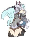  anthro axe bayleyheart canid canine female grey_body hair hi_res larger_female mammal melee_weapon scar simple_background size_difference weapon white_background white_hair 
