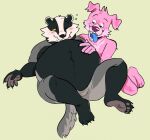  anthro badger belly_rub black_body black_fur blush canid canine canis domestic_dog duo fur grey_body grey_fur humanoid_hands mammal mustelid musteline obese overweight pink_body pink_fur sugarcave tongue tongue_out 