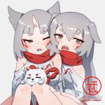  2girls animal animal_ears bangs bare_shoulders blush brown_eyes commentary_request dog_ears dress eyebrows_visible_through_hair facial_mark fangs feet_out_of_frame grey_background grey_hair hair_between_eyes highres knees_up komainu kuro_kosyou long_hair multiple_girls one_eye_closed open_mouth original red_scarf scarf short_eyebrows simple_background sitting thick_eyebrows upper_teeth very_long_hair white_dress 