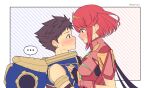  1boy 1girl azurda_(xenoblade) bangs blush brown_hair couple earrings eye_contact fingerless_gloves gem gloves hair_ornament headpiece height_difference highres imminent_kiss jewelry looking_at_another mochimochi_(xseynao) pyra_(xenoblade) red_eyes red_hair rex_(xenoblade) short_hair simple_background size_difference spiked_hair swept_bangs tiara xenoblade_chronicles xenoblade_chronicles_(series) xenoblade_chronicles_2 