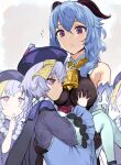  4girls ahoge bangs bell blue_hair blush braid breast_grab breasts carrying commentary cowbell ganyu_(genshin_impact) genshin_impact goat_horns grabbing hat hews highres horns jiangshi large_breasts long_hair long_sleeves looking_at_viewer multiple_girls multiple_persona open_mouth princess_carry purple_eyes purple_hair purple_headwear qing_guanmao qiqi_(genshin_impact) small_breasts talisman 