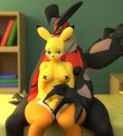  2021 3d_(artwork) absurd_res anthro areola bed big_breasts blush breasts digital_media_(artwork) duo embarrassed female female/female furniture hi_res huge_breasts inside legendary_pok&eacute;mon looking_at_viewer nintendo nipples nude on_bed pikachu pok&eacute;mon pok&eacute;mon_(species) video_games xionxiii yveltal 